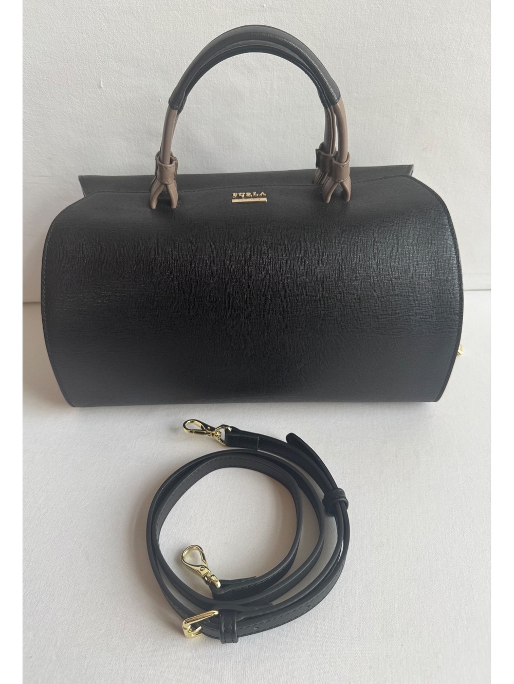 Furla Black & Taupe Textured Leather Satchel Top Handle Shoulder Bag Gold metal